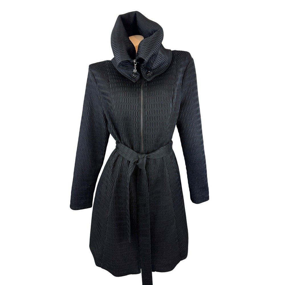 Samuel Dong Avant Garde Black Textured Zip Front Belted Trench Coat Large